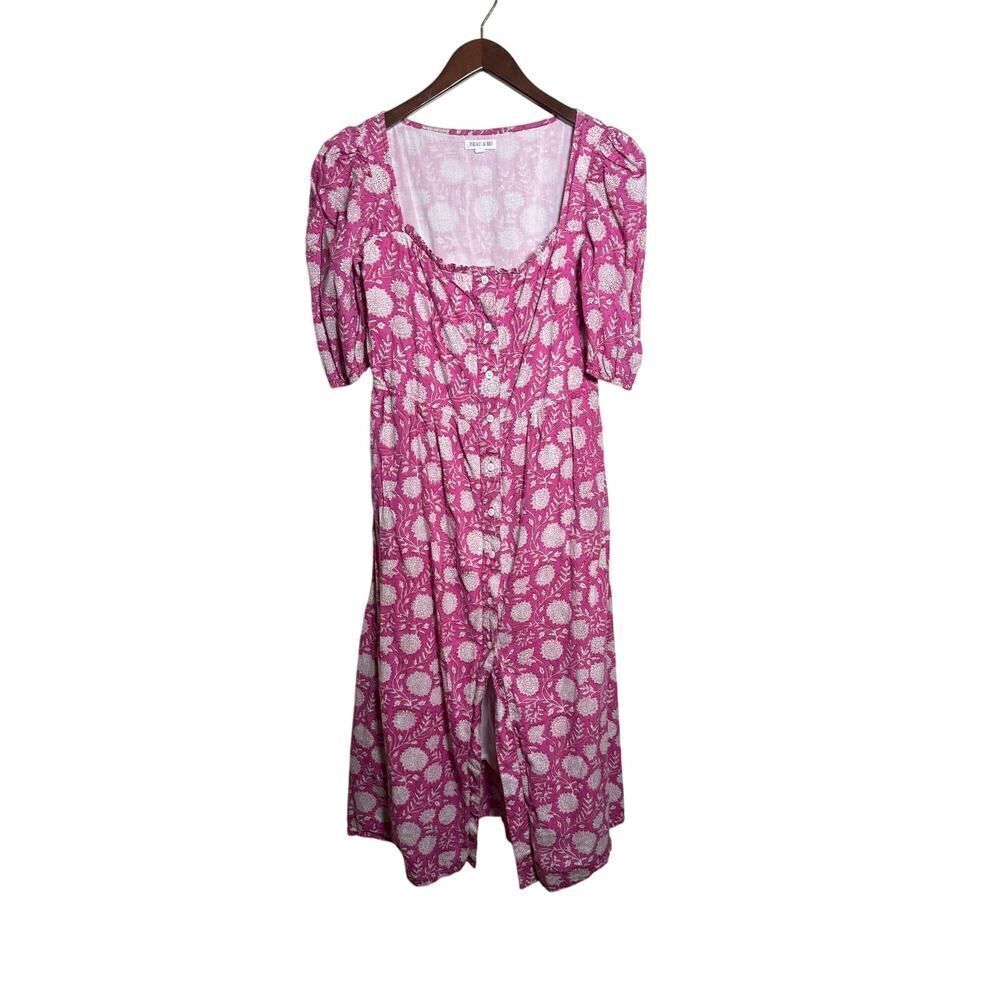 Beau & Ro Pink Block-Print Midi Dress – Women’s Size XS